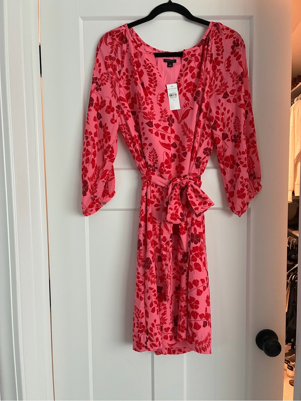 Ann Taylor Pink Dress with Red Floral Print Tie-Waist